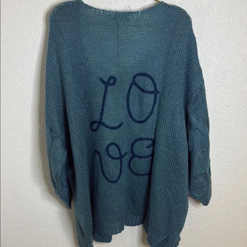Elan -Teal  “LOVE” chunky knit Women's Cardigan- one size